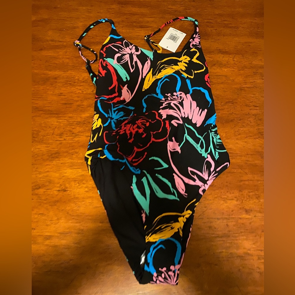 Hurley Black multi colored floral print reversible one piece bathing suit xs